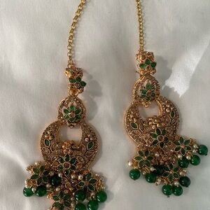 Indian/ Pakistani Elegant Gold and Green Dangle Earrings